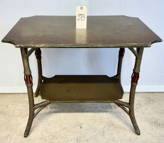 KALTEX FURNITURE MID-CENTURY GREEN PAINTED RATTAN STAND WITH RED BANDED TOP.