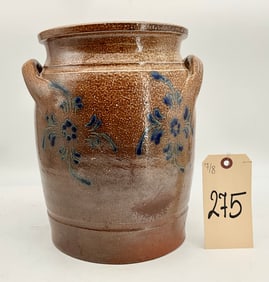 VINTAGE SALT GLAZED BLUE DECORATED STONEWARE CROCK.