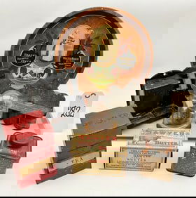 VINTAGE MATCH HOLDERS, BUTTER BOX, LEATHER BABY SHOES, TEA BOX, AND MORE.