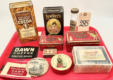 VINTAGE COFFEE, COCOA, TOFFEE, AND MORE TINS/BOXES.
