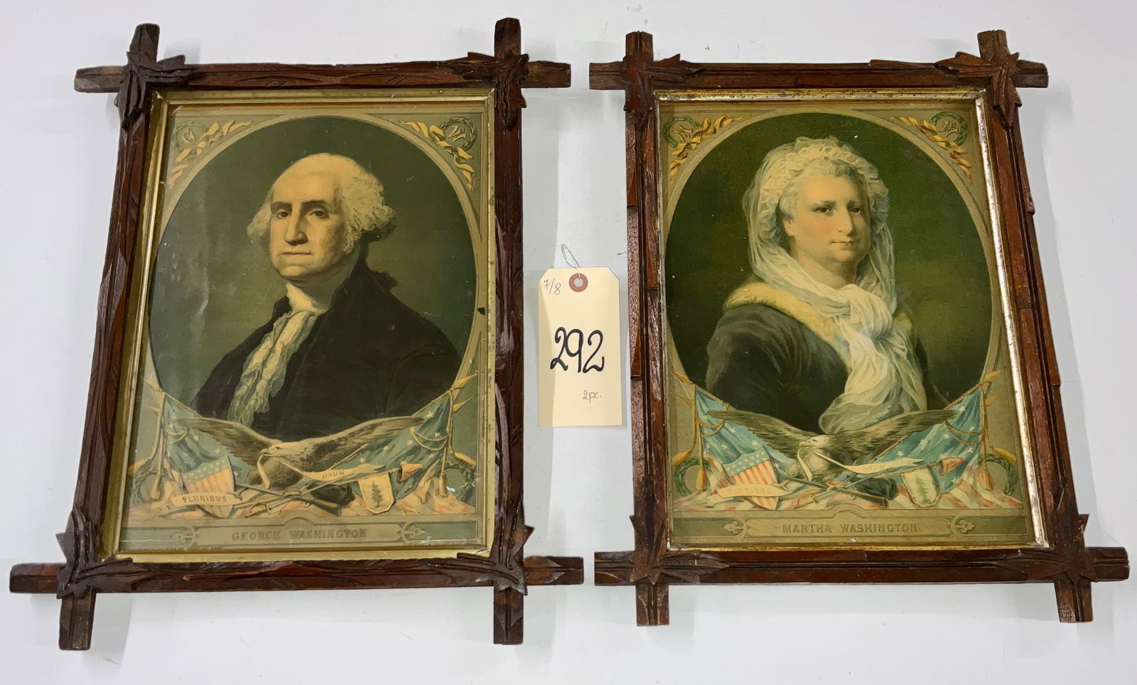 2 PC VINTAGE GEORGE AND MARTHA WASHINGTON PORTRAIT PRINTS IN CARVED FRAMES. (1 of 5)