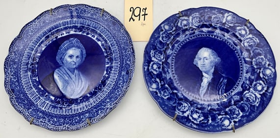ANTIQUE JOSEPHINE AND RIDGEWAYS FLO BLUE GEORGE AND MARTHA WASHINGTON PLATES.