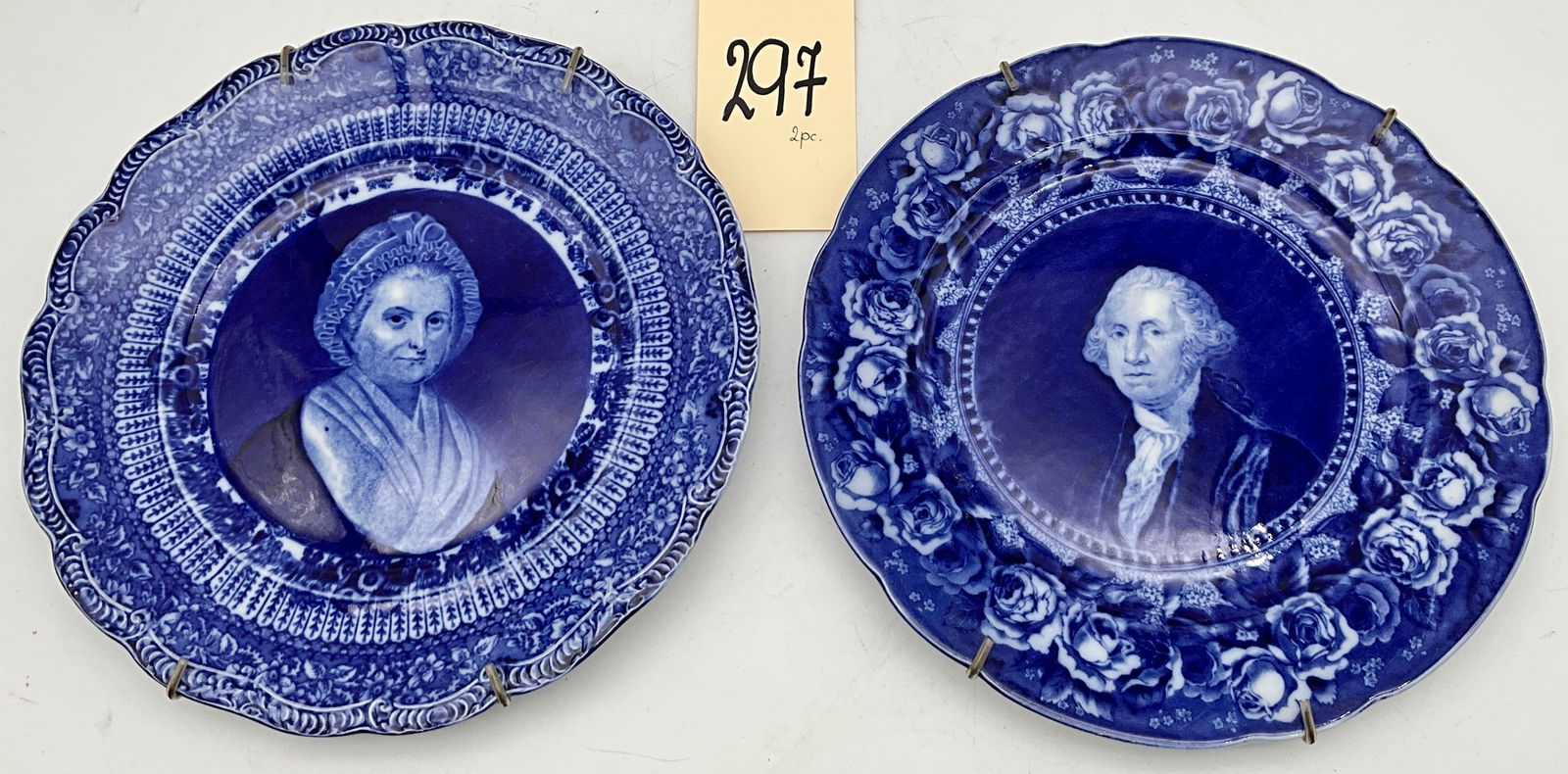ANTIQUE JOSEPHINE AND RIDGEWAYS FLO BLUE GEORGE AND MARTHA WASHINGTON PLATES.: ANTIQUE JOSEPHINE AND RIDGEWAYS FLO BLUE GEORGE AND MARTHA WASHINGTON PLATES. MEASURES 9.5" DIAMETER