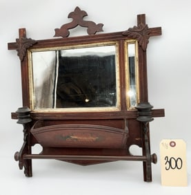 VICTORIAN CARVED MAHOGANY SHAVING MIRROR.