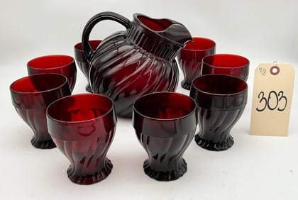 VINTAGE 9 PC RUBY SWIRL DRINK SET.