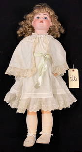 ANTIQUE GERMAN MADE JOINTED BISQUE DOLL MARKED DEP.: ANTIQUE GERMAN MADE JOINTED BISQUE DOLL MARKED DEP. MEASURES 30"H.
