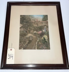 SIGNED WALLACE NUTTING COLORIZED PHOTOGRAPH IN FRAME ENTITLED "LARKSPUR" COTTAGE SCENE.