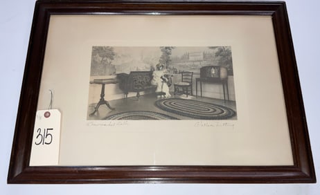 SIGNED WALLACE NUTTING COLORIZED PHOTOGRAPH IN FRAME ENTITLED "A NEW MARKED BELLE" INTERIORSCAPE.