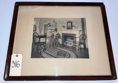 SIGNED WALLACE NUTTING COLORIZED PHOTOGRAPH IN FRAME ENTITLED "A STITCH IN TIME" INTERIORSCAPE.
