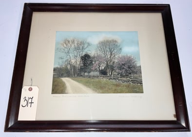 SIGNED WALLACE NUTTING COLORIZED PHOTOGRAPH IN FRAME ENTITLED "WHERE GRANDMA WAS WED" COUNTRYSIDE