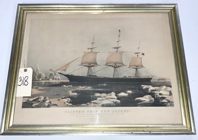 VINTAGE FRAMED CLIPPER SHIP "RED JACKET" ENGRAVING.