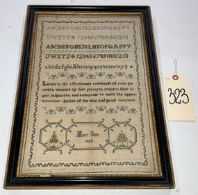 SIGNED MARY SIMS 1805 HAND STITCHED ALPHABETIC SAMPLER IN FRAME.