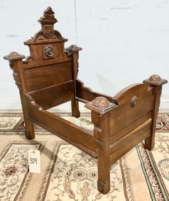 VICTORIAN WALNUT DOLL OR SALESMAN'S SAMPLE CARVED HIGH BACK BED.