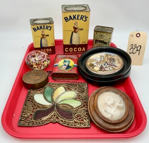 ASSORTED VINTAGE TINS, STAINED GLASS, ART GLASS PAPERWEIGHT, AND MORE.