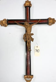 VINTAGE 38" X 27" WOODEN CARVED CRUCIFIX WITH GILT PAINTED ENDS.