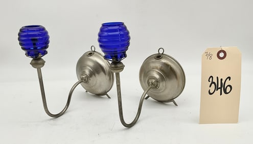 PAIR OF ANTIQUE " THE LITTLE BEAUTY" OIL NIGHT LAMPS WITH COBALT BLUE SHADES.