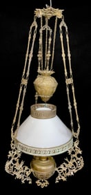 VICTORIAN ERA BRASS HANGING OIL LAMP WITH WHITE CASED GLASS SHADE.