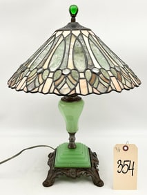 VINTAGE JADEITE TABLE LAMP WITH STAINED GLASS SHADE.
