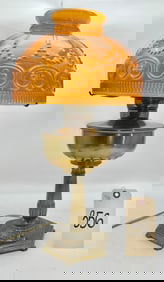 BRASS ALADDIN MODEL B ELECRTIFIED OIL LAMP WITH CASED RELIEF MOLDED AMBER SHADE