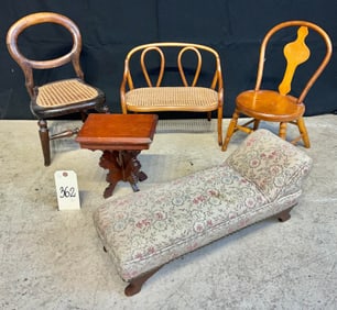 ASSORTED WOODEN AND UPHOLSTERED DOLL FURNITURE.