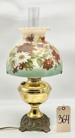 ELECTRIFIED POLISHED BRASS OIL LAMP WITH HAND PAINTED SHADE AND CHIMNEY.