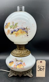 FLORAL DECORATED GONE WITH THE WIND TABLE LAMP WITH CHIMNEY. AS-IS.