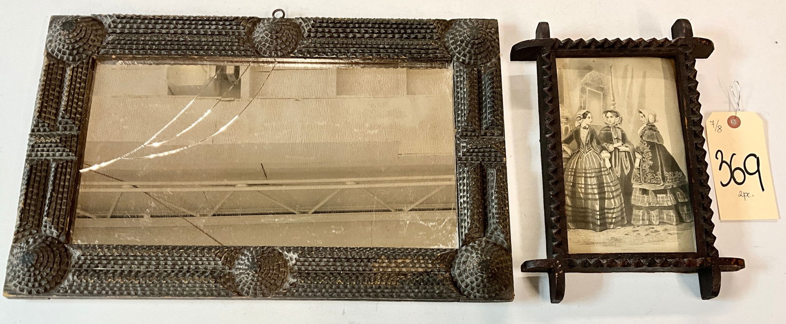VINTAGE TRAMP ART FRAMED MIRROR (AS IS), AND VICTORIAN PRINT. (1 of 5)