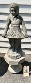 CAST STONE GIRL GARDEN FIGURE ON PEDESTAL.