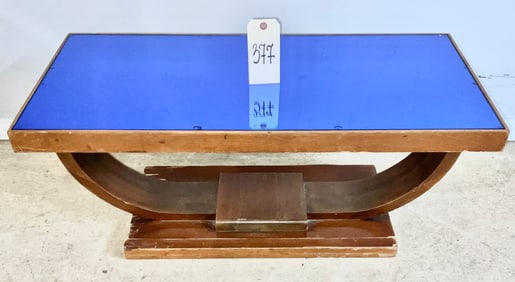 DECO COFFEE TABLE WITH BLUE GLASS TOP.