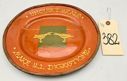 VINTAGE SLIPWARE PLATE ENTITLED "UNQUIET MEALS MAKE ILL DIGESTION".