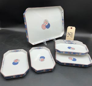 MINO WARE DAIKICHI SIGNED PORCELAIN TRAY SET.