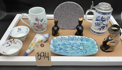 SIGNED ASSORTED PORCELAIN DISHES, WALL POCKET, AND MORE.