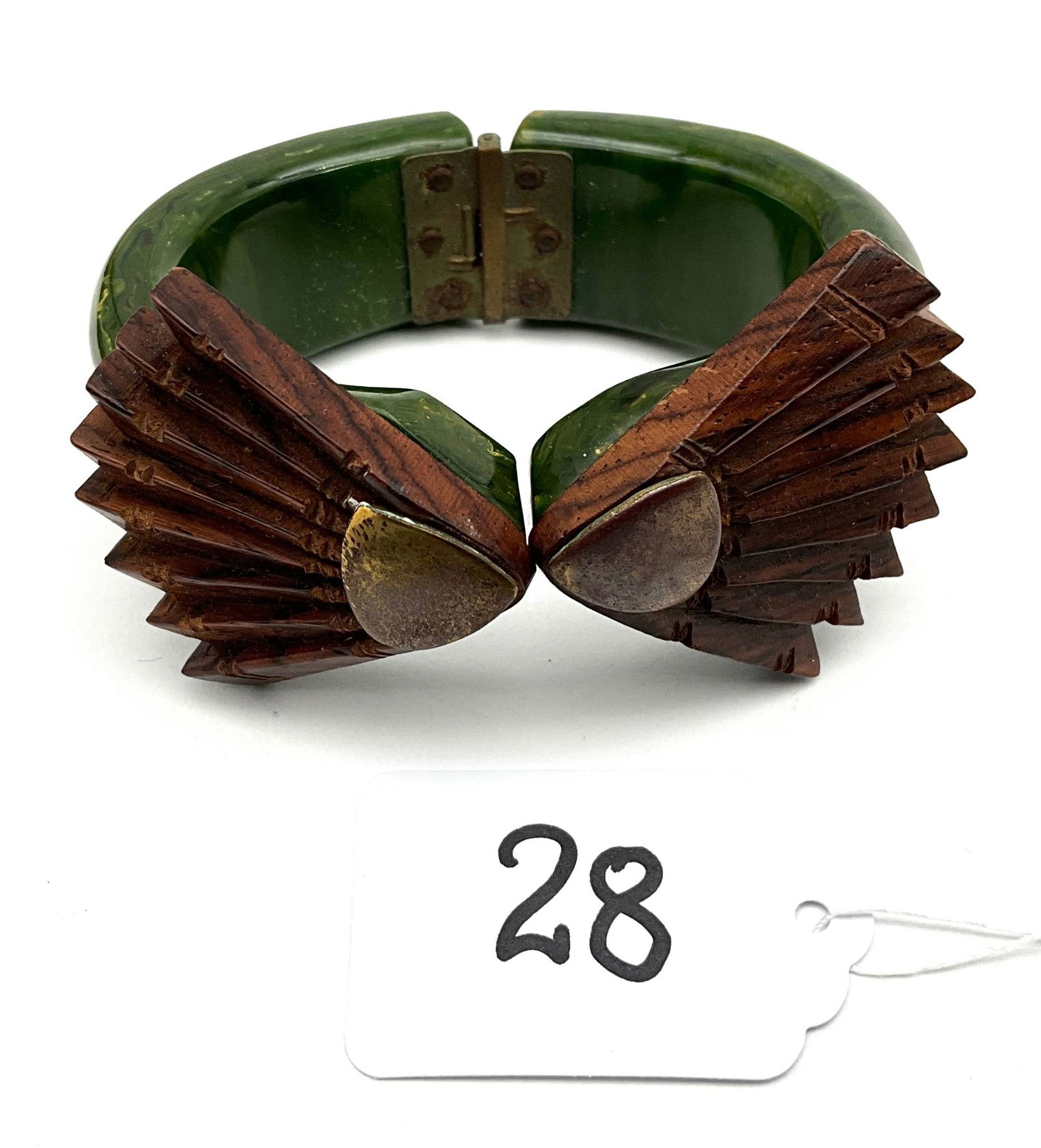 Vintage Hinged Bakelite Bracelet with Carved Wooden Accents (1 of 6)
