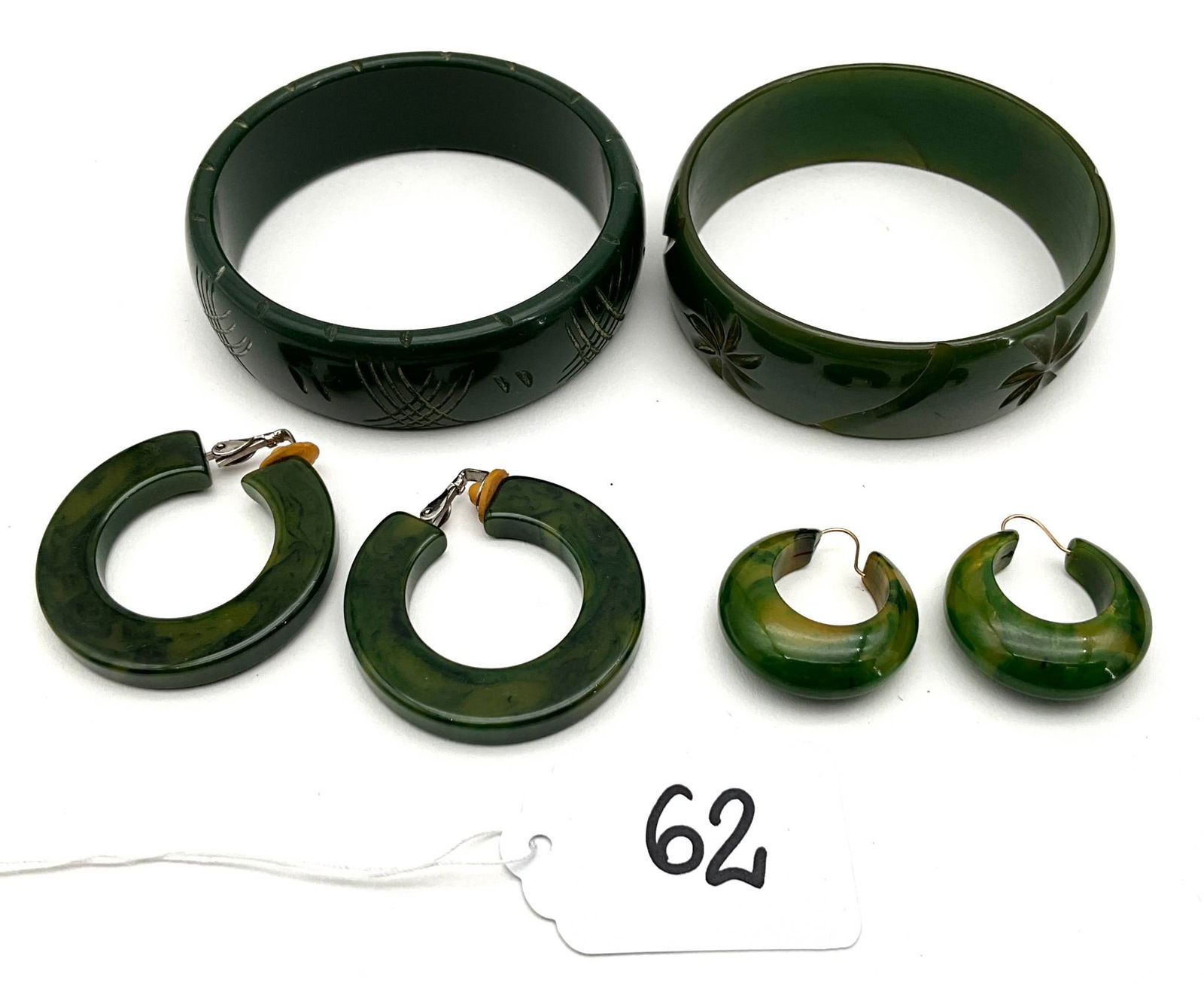 Green Bakelite Jewelry Set with Bangles and Hoop Earrings (1 of 4)