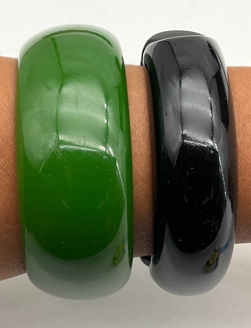 Green and Black Bakelite Bangles, 1 to 1.25 Inch by 2.5 Inches Diameter (1 of 3)
