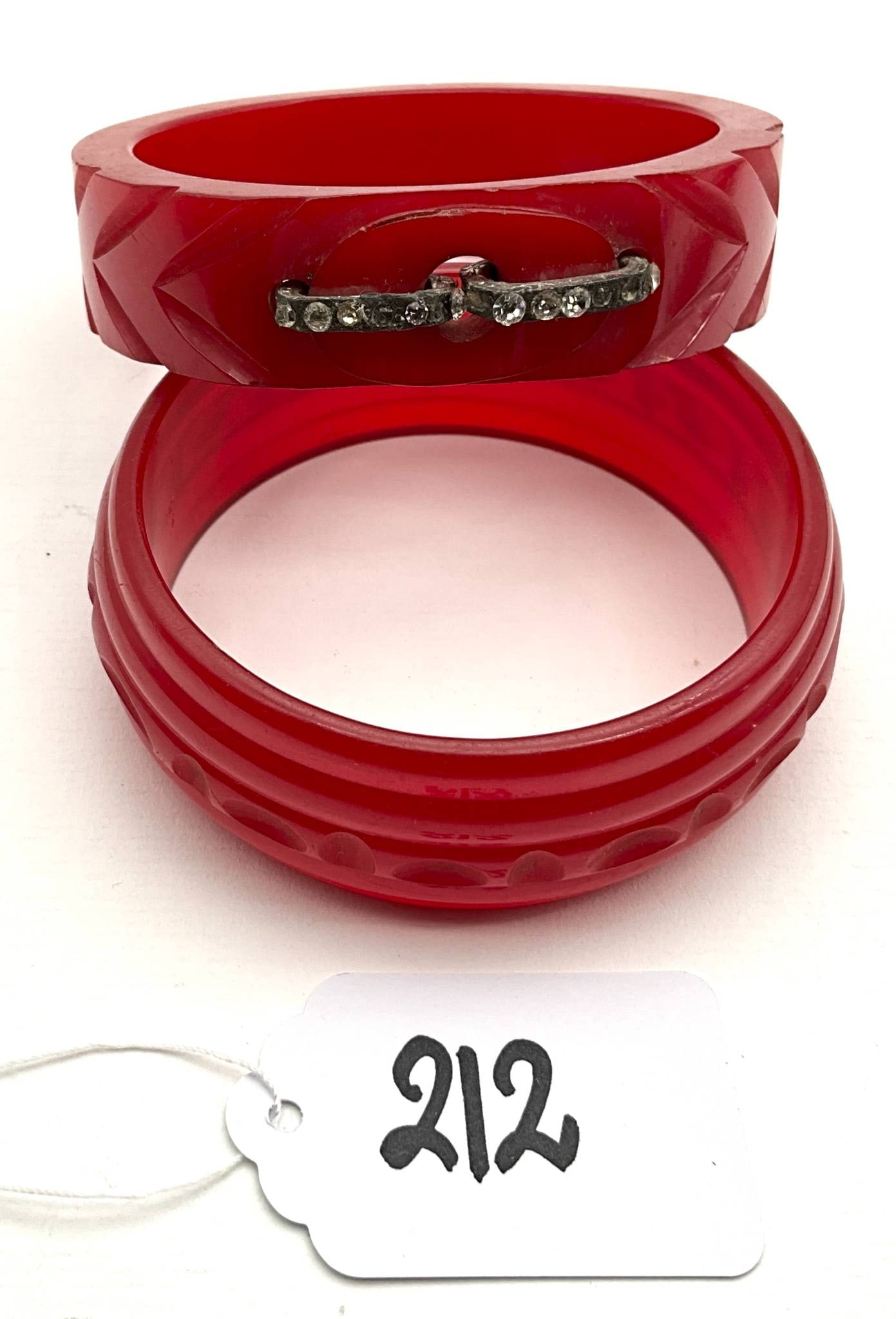 Red Bakelite Bangles with Rhinestone Accent (1 of 2)