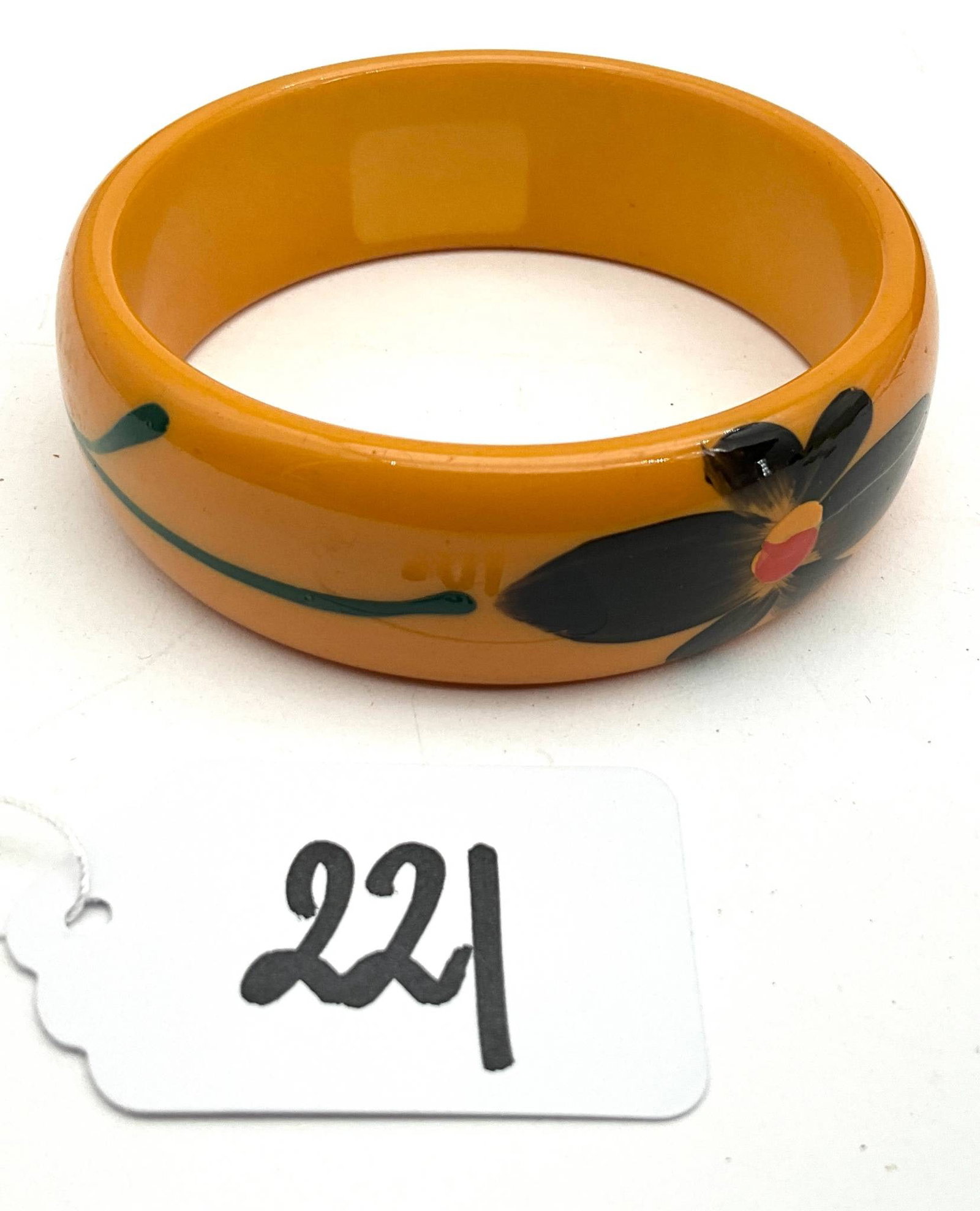 Yellow Bakelite Bangle with Painted Flower Design, 1″ H x 2.5″ W (1 of 2)