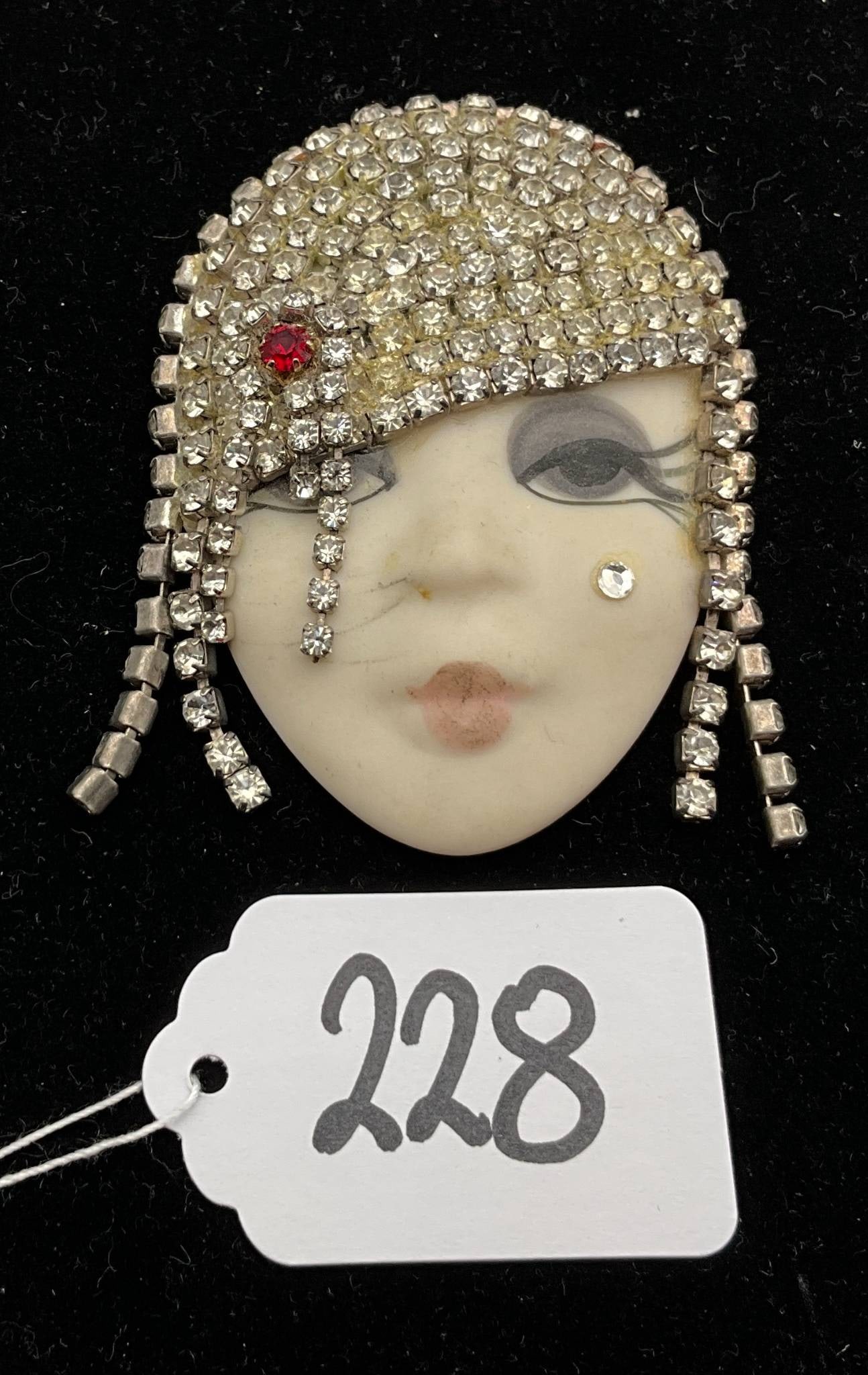 Signed Handcrafted Ceramic and Rhinestone Brooch, 2″ x 2.5″ (1 of 2)