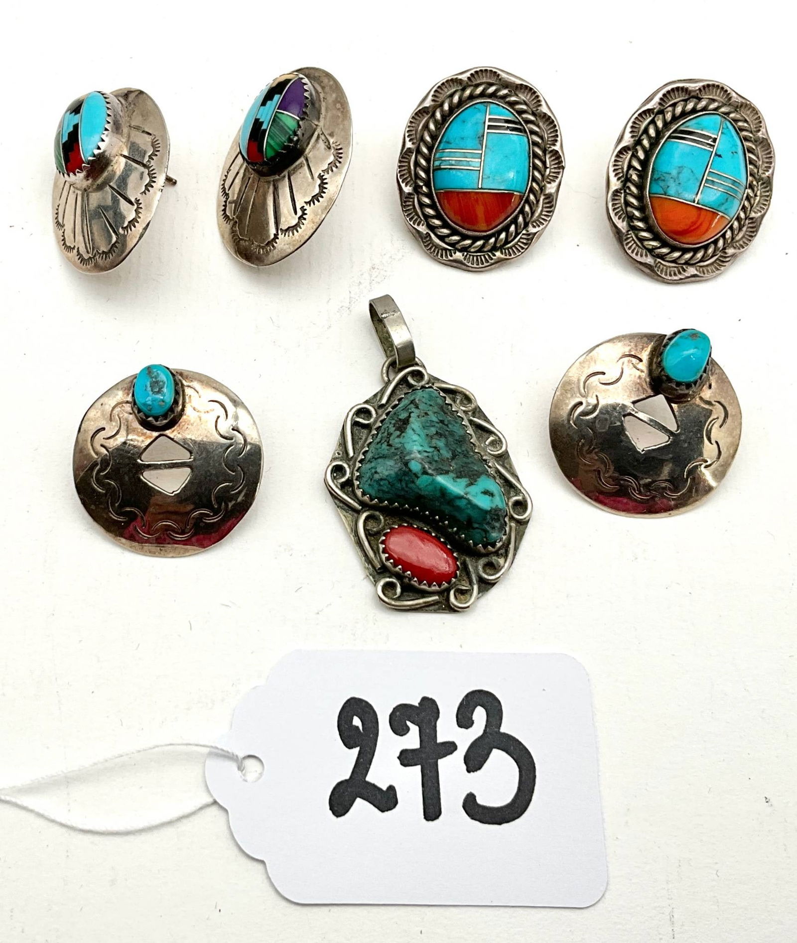 Sterling, Turquoise, and Coral Jewelry Including Earrings and Pendant (1 of 3)