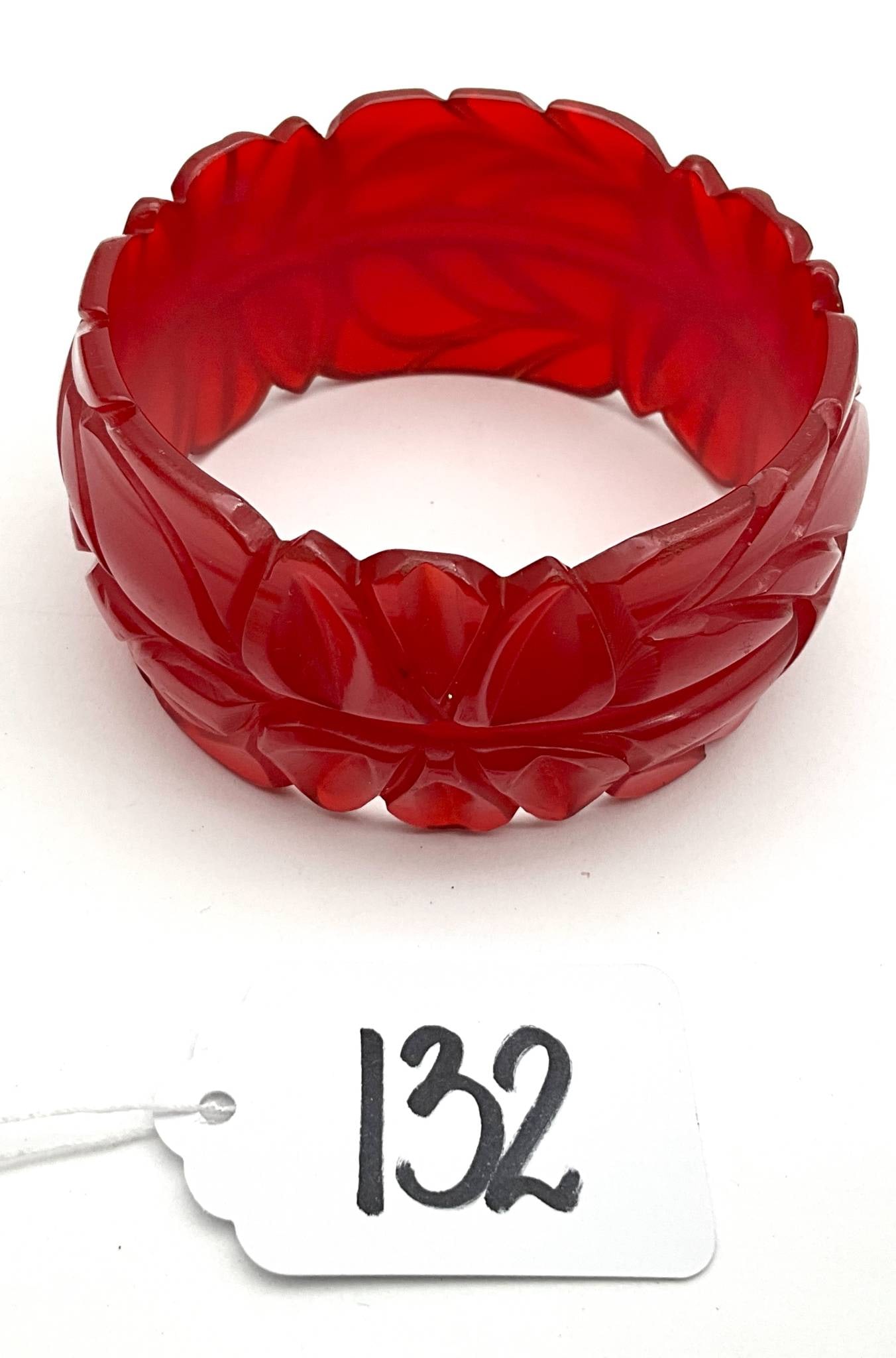 Vintage Bakelite Red Carved Bangle, 1.5 x 2.75 in Diameter (1 of 2)