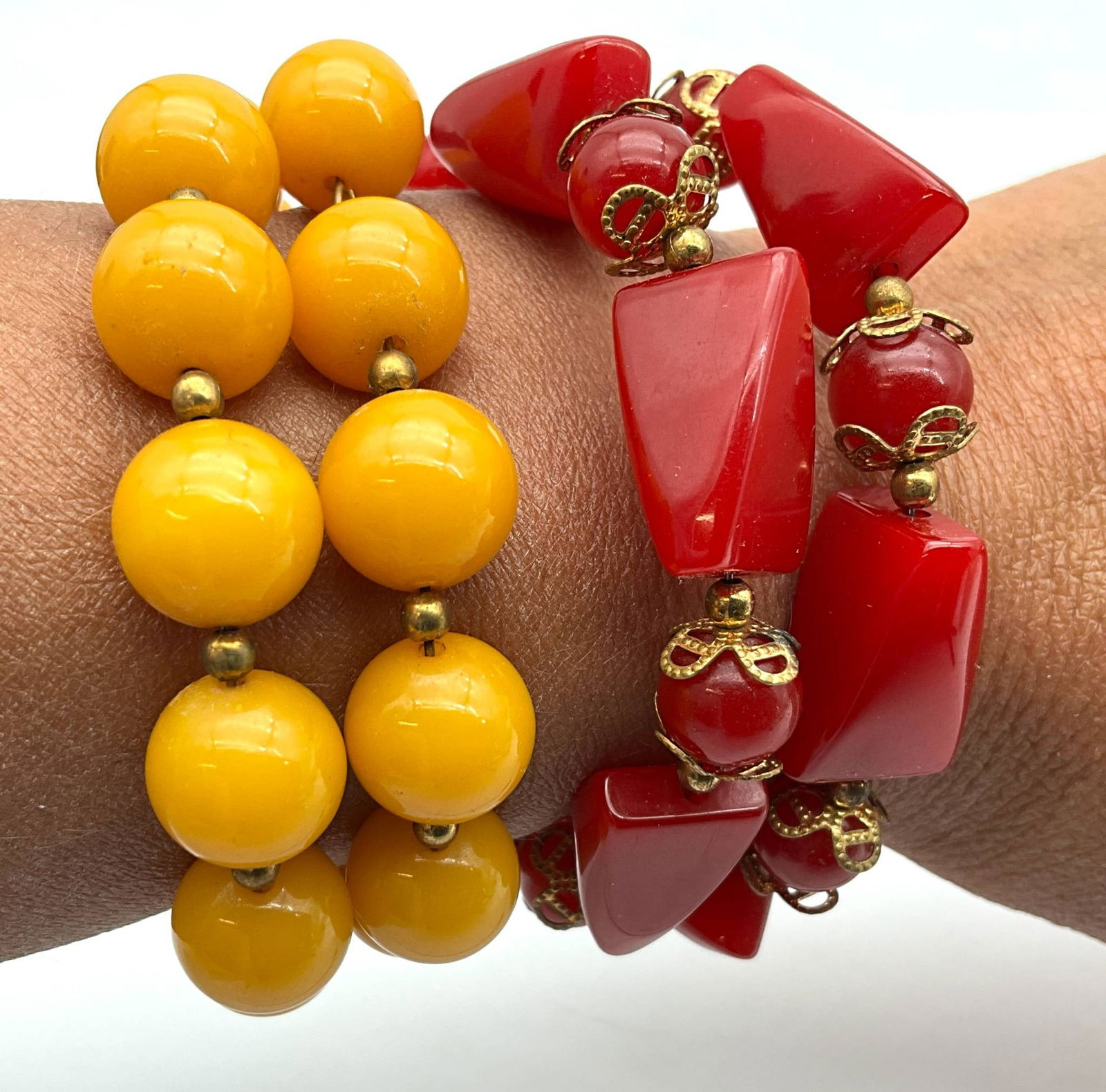 Vintage Bakelite Stretch Bracelets With Red and Yellow Beads (1 of 3)