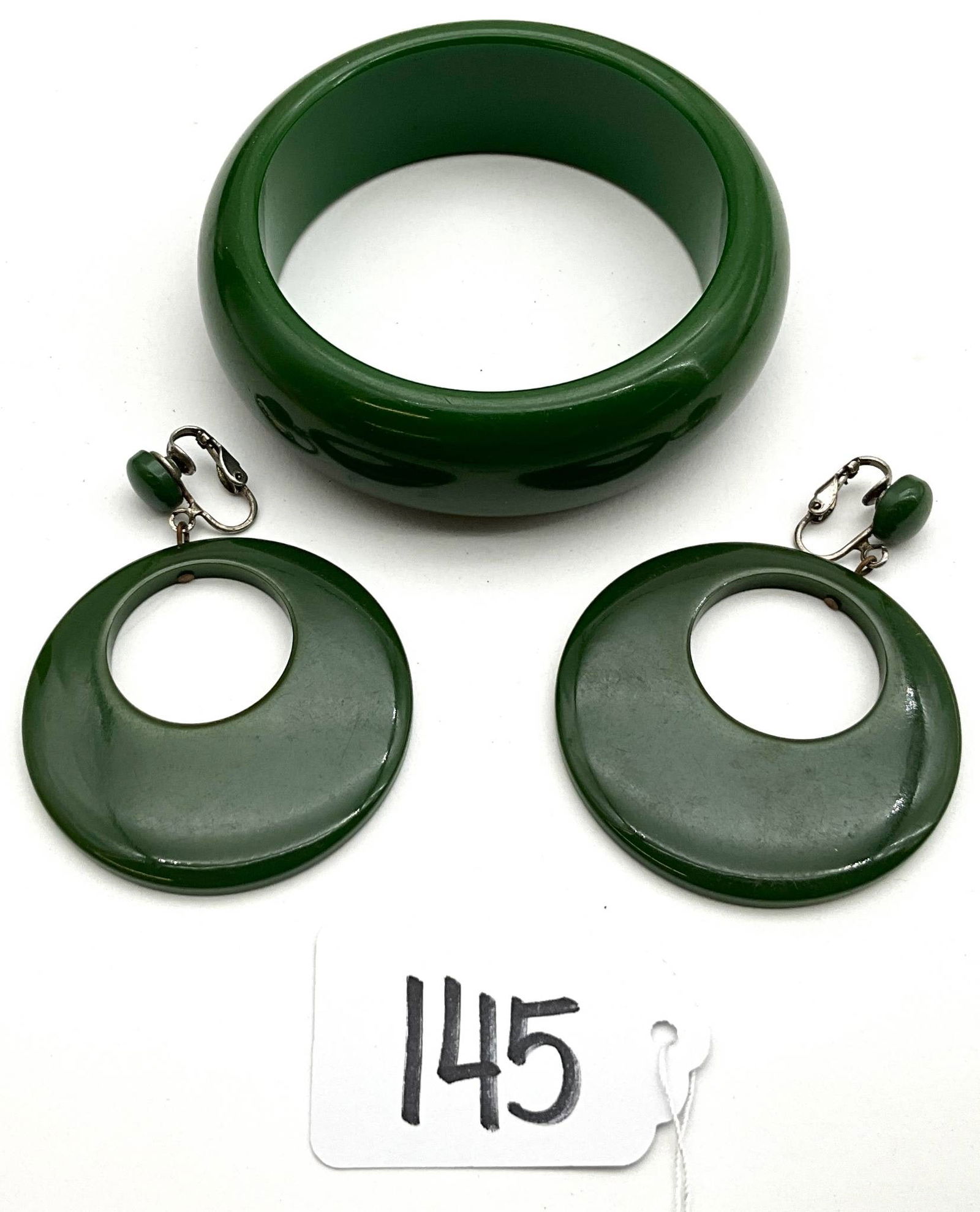 Vintage Green Bakelite Bracelet and Hoop Earrings Set (1 of 3)