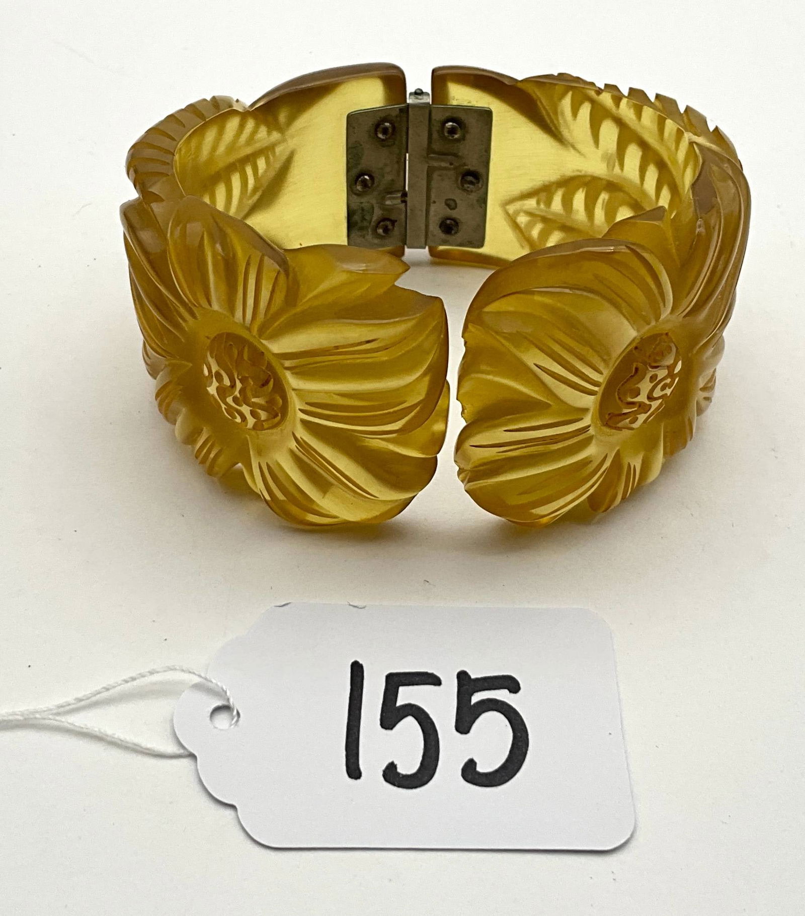 Vintage Yellow Carved Floral Hinged Bakelite Bracelet (1 of 3)