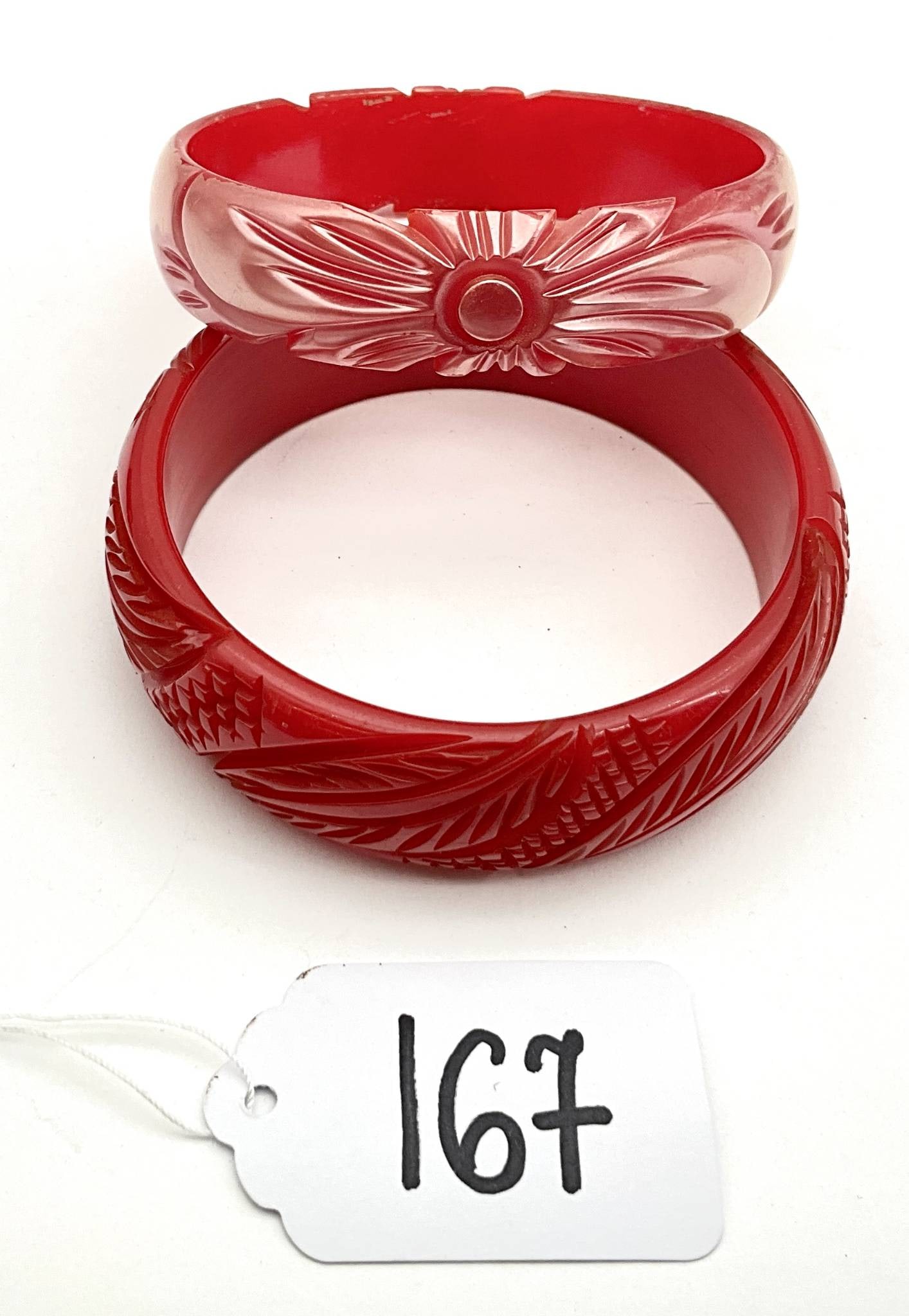 Carved Red Bakelite Bangles with Floral and Leaf Motif (1 of 2)