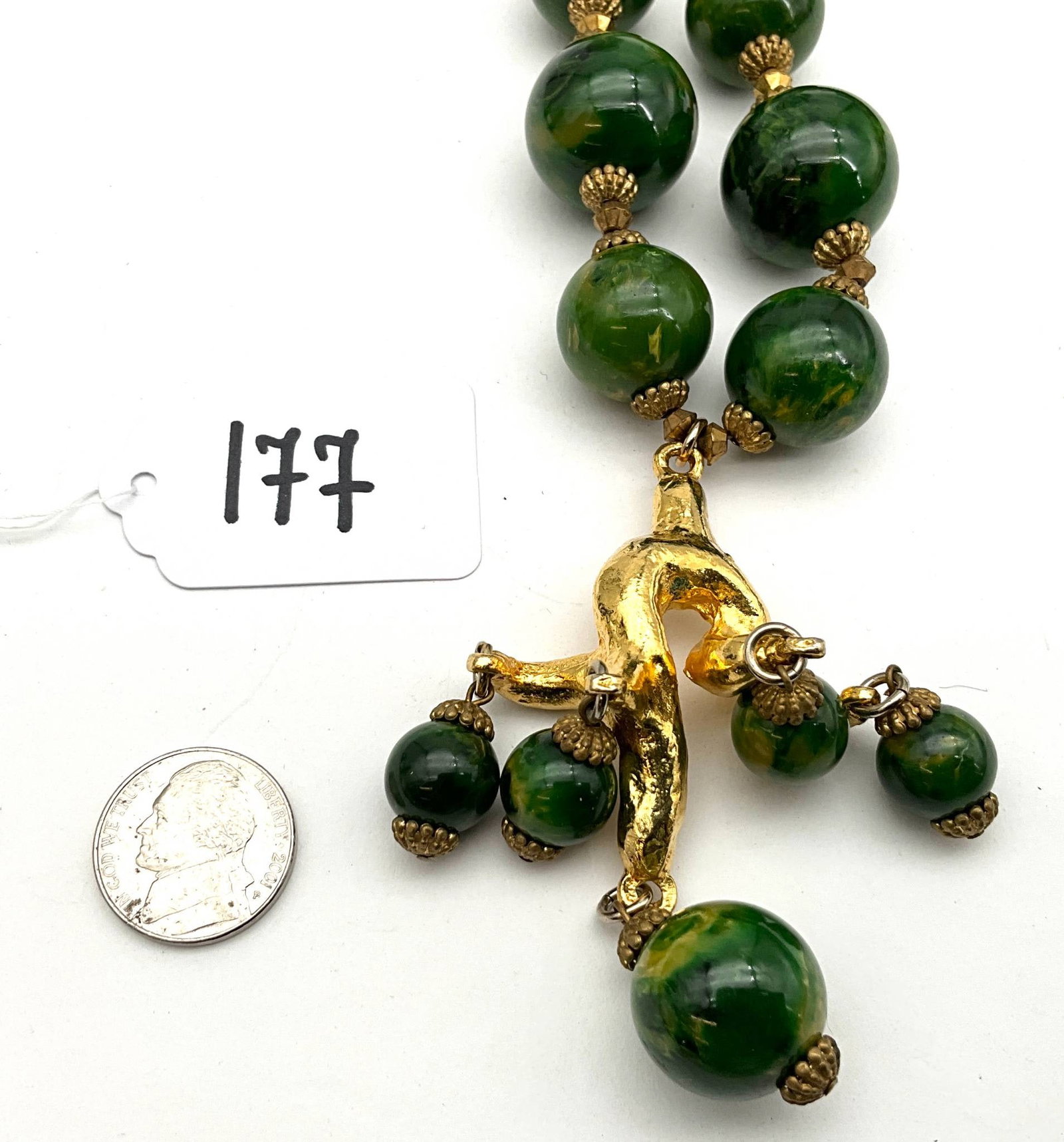 Green Bakelite Beaded Necklace with Gold-Toned Monkey Pendant (1 of 3)