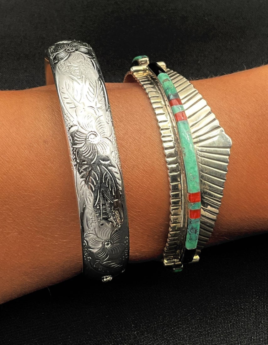 Sterling Silver Bracelets With Detailed Designs and Inlay (1 of 3)