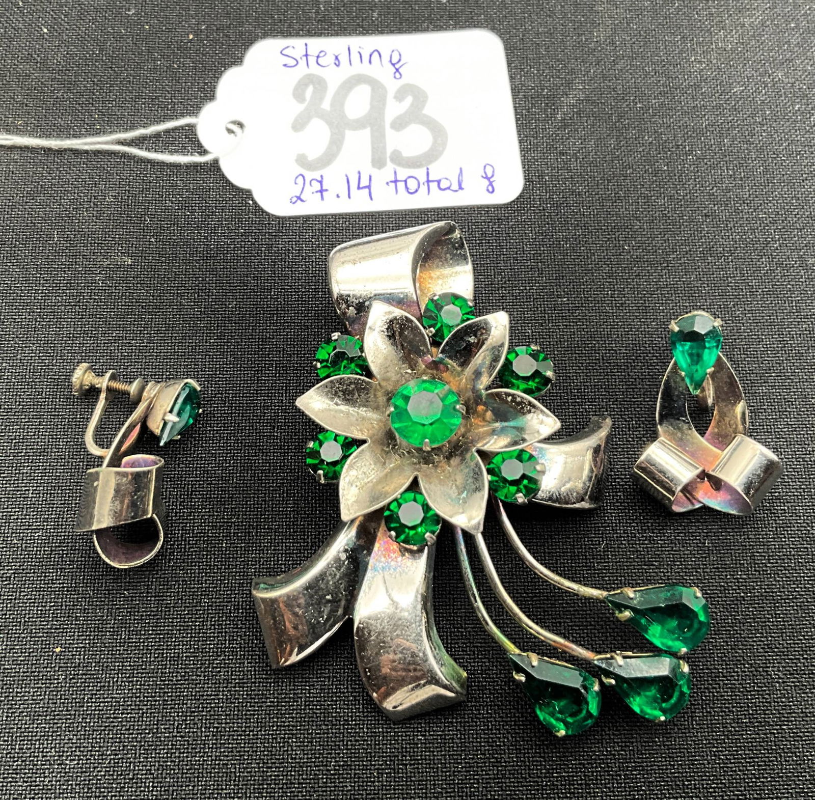 Sterling Silver Floral Brooch and Clip-On Earrings with Green Rhinestones (1 of 3)