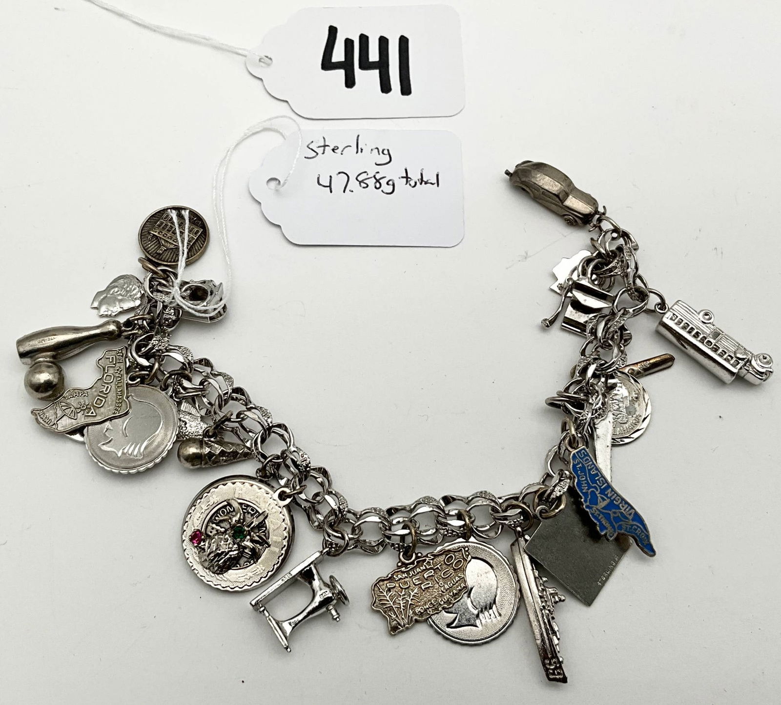 Sterling Silver Charm Bracelet with Assorted Charms, 47.88 Grams, 7.5 Inches Long (1 of 5)