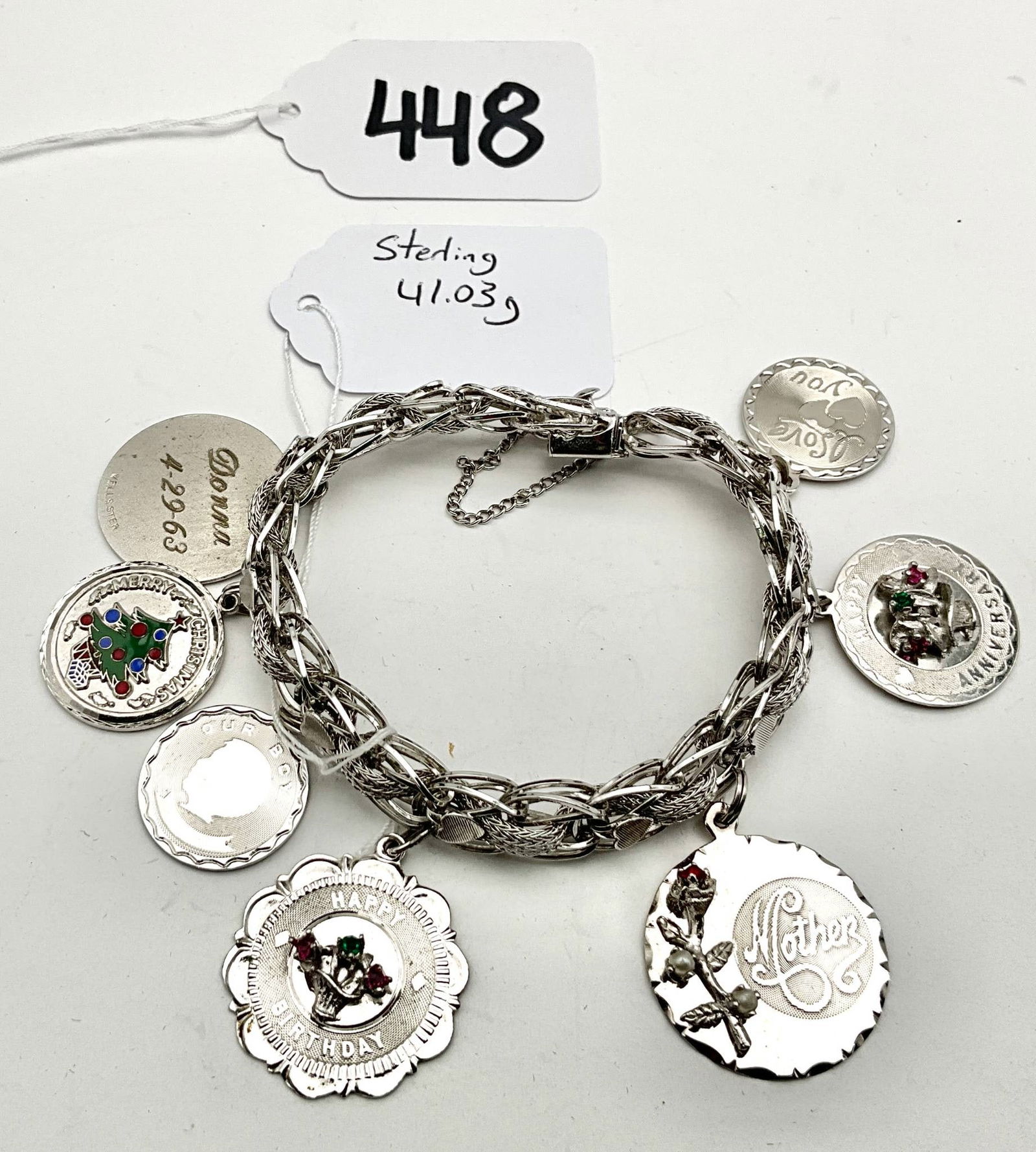 Sterling Silver Charm Bracelet with Seven Engraved Charms (1 of 2)