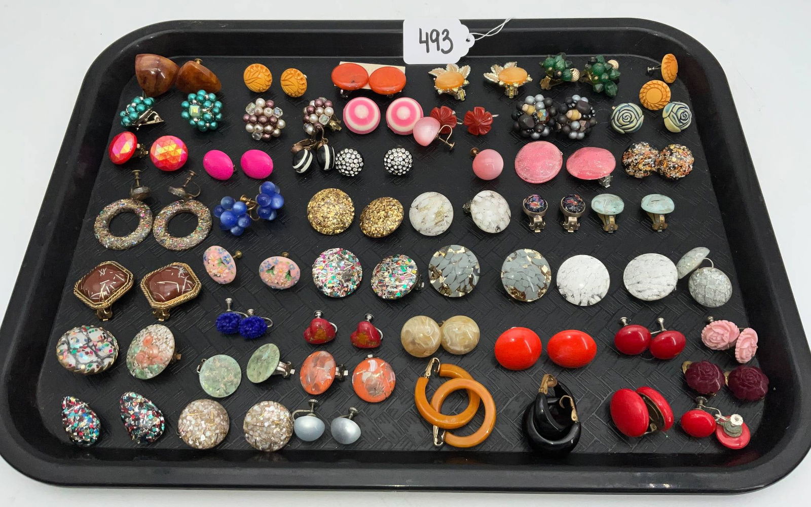 Tray of Assorted Vintage Earrings Made of Lucite, Bakelite, and More (1 of 5)